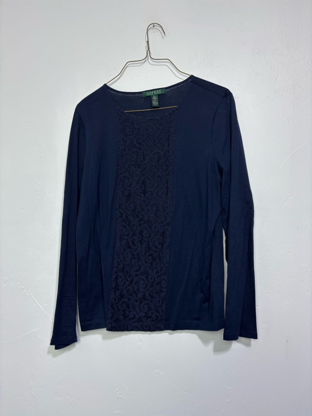 Lauren Ralph Lauren Women's Large Navy Blue Long Sleeve Blouse Top Lace Cotton